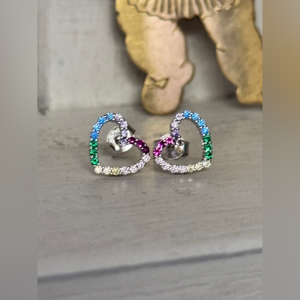 Sterling Silver Multicolor Gem Heart Stud Earrings